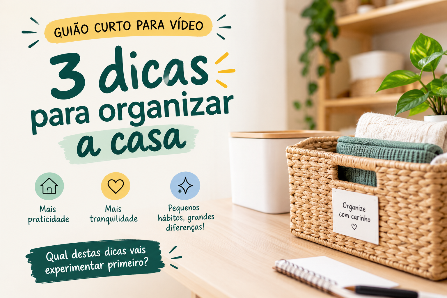 Guião curto para vídeo: 3 dicas para organizar a casa
